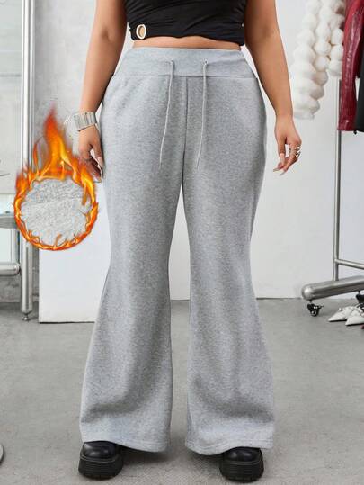 SHEIN EZwear Pantalones acampanados con cintura con cordón y forro térmico grueso, pantalones de chándal acampanados grises de otoño/invierno para tallas grandes