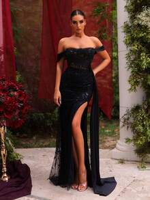 Glamrae Váy đuôi cá trễ vai xẻ tà sang trọng, chất liệu satin thêu ren sequin, đính đá tinh xảo, có phần xếp nếp bên hông, thích hợp cho đám cưới, sự kiện, tiệc tùng, ngày lễ, dạ tiệc (đính đá tinh xảo) - màu đen - Xem 6