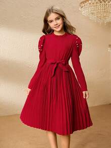 Vestido elegante con cuello de volantes, mangas abullonadas, cintura con cuentas y pliegues para niña preadolescente, para Halloween y Navidad, con cinturón - Rojo - Ver 6