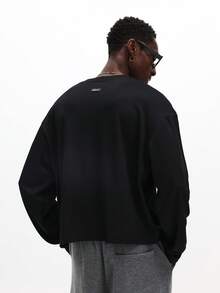 SUMWON 长袖圆领针织上衣，罗纹纹理，休闲套头毛衣，秋冬基本款 - 黑色 - 查看 2