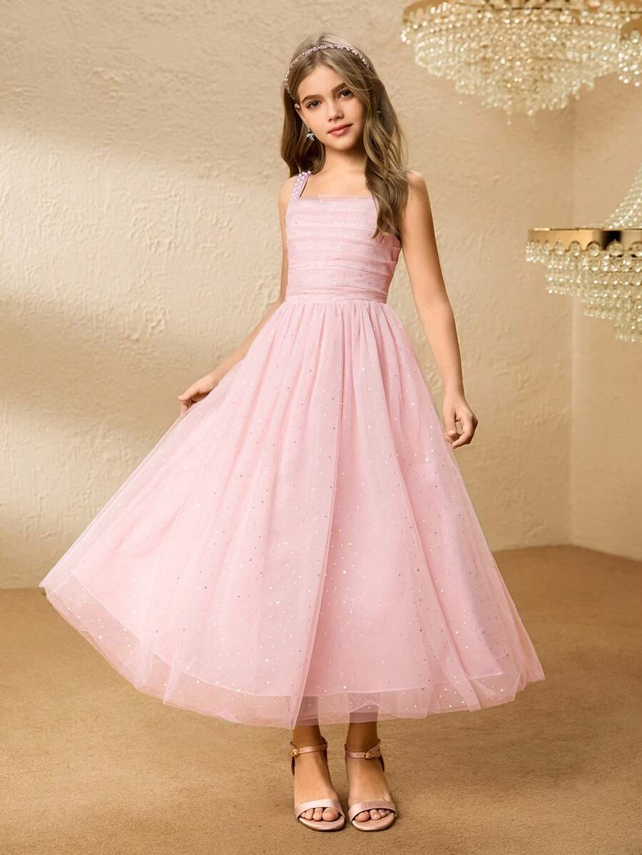Vestido Longo com Lantejoulas para Meninas, Rosa, Festa de Aniversário, Banquete, Apresentação no Palco, Apresentação, Passarela, Roupa Formal Infantil - Rosa chiclete - Visão 1