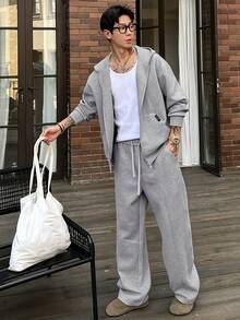 DAZY Conjunto de chaqueta y pantalones grises lisos para hombre, para otoño/invierno, atuendos acogedores