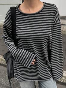 DAZY Loose Striped Color-Block Panel Long Sleeve Long Tee For Women Preppy Tops,Fall Women Clothes - Grey - View 14