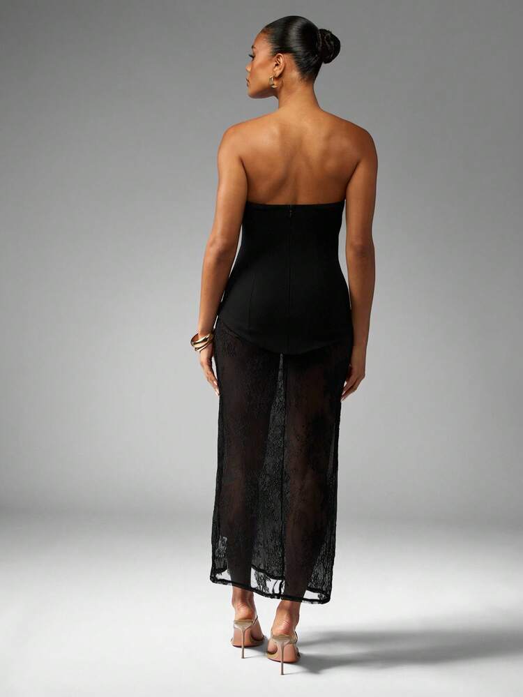 MISSGUIDED Abito lungo da sera elegante con corpetto a fascia senza spalline, in pizzo trasparente, silhouette aderente e formale per feste