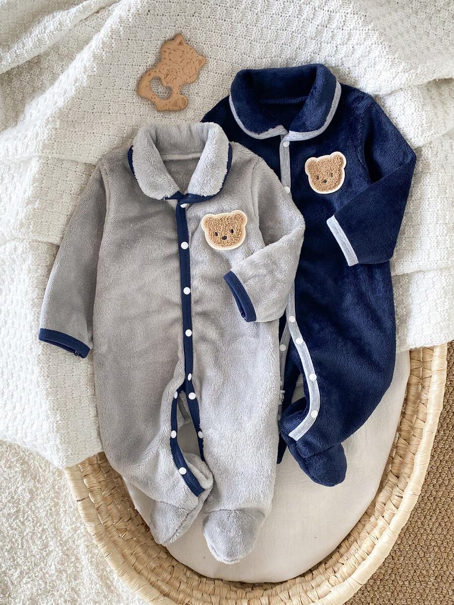 SHEIN 新生儿羊毛连体衣，可爱小熊撞色边长袖连脚睡衣，婴幼儿男童女童两件套家居服套装，秋冬 - 彩色 - 查看 1