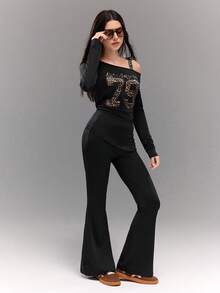 Teenage Girls Casual Street Chic Leopard Print One Shoulder Long Sleeve Top And Flare Pants 2-Piece Outfit - Black - View 4