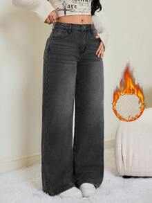 SHEIN Tall 秋冬季女士时尚百搭保暖直筒牛仔裤，冬季保暖黑色保暖内衬时尚舒适直筒黑色牛仔裤 - 深灰色 - 查看 2