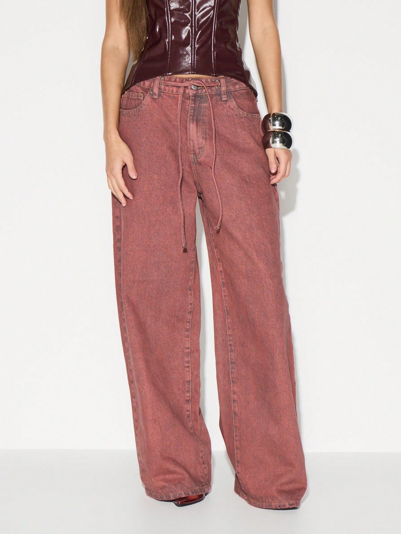 KIZN High Rise Wide Leg Jeans With Drawstring