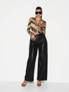 KIZN Long Sleeve Mesh Animal Print Collared Bodysuit With Button Front Closure