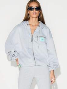 KIZN Scuba Style Oversized Zip Through Hoodie With Drawstring And Shoulder Pad Details Casual Streetwear - Grey - View 6