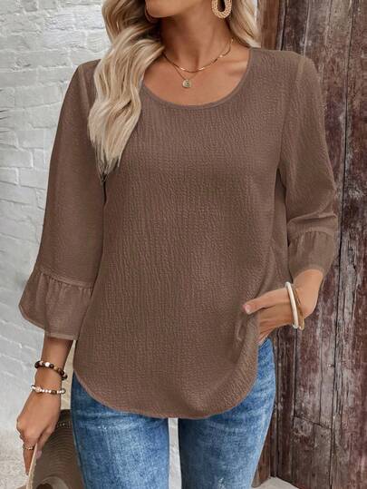 EMERY ROSE Women's Solid Color Minimalist Casual Round Neck Long Sleeve Shirt,Brown Top