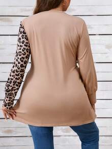 EMERY ROSE Plus Size Women V-Neck Long Sleeve Leopard Patchwork Casual Tie-Front Tunic Top - Khaki - View 2