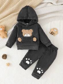 SHEIN Vintaside Kids 2pcs Pink Double-Sided Fleece Cute Bear Embroidered Set - Dark Grey - View 4
