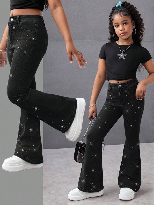 Pantalones vaqueros con pierna acampanada, cintura alta, con strass, lavado desgastado, elegante, elástico, para adolescentes y niñas, para primavera y verano, vacaciones en la playa, estilo bohemio, para conciertos y festivales, casual, para salir, para el brunch, la iglesia, la graduación, streetwear, para volver al colegio