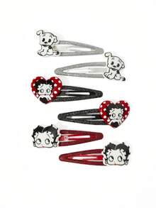Betty Boop x SHEIN 6 件装时尚闪亮发夹发饰，心形和小狗图案，红色、黑色和银色，不伤发，送礼佳品，适合派对、节日、情人节等场合。 - 彩色 - 查看 5