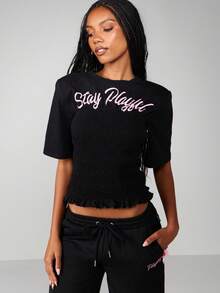 Missguided x Playboy Stay Smocked T-Shirt With Ruffle Hem And Pink Script For Casual Summer Wear - Black - View 3