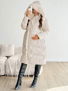 SHEIN Autumn And Winter Maternity Casual Hooded Jacket With Fur Collar, Winter Going Out Tops