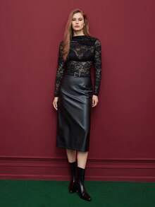 Maija 女式性感透明蕾丝漏斗领长袖修身T恤 - 黑色 - 查看 7