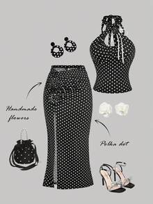 SHEIN MOD Women's 3D Floral Decor Low Waist Ruched Slit Fitted Pencil Skirt,Black White Polka Dot,Autumn,Elegant,Party,Christmas Elegant Split Skirts - Black and White - View 6