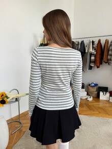 SHEIN Unity 女士新品 棉感条纹半拉链T恤 复古学院风、老钱风、谷仓风 秋冬必备条纹内搭 日常出游、姐妹聚会、休闲居家、舒适简约、机场穿搭 - 灰色 - 查看 2