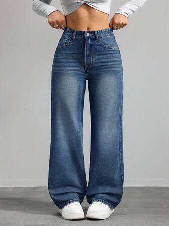 SHEIN CURVE+ Vinter Plus Size Dam Cowgirl Blå Icke-Stretchiga Skinny Raka Jeans, Höst