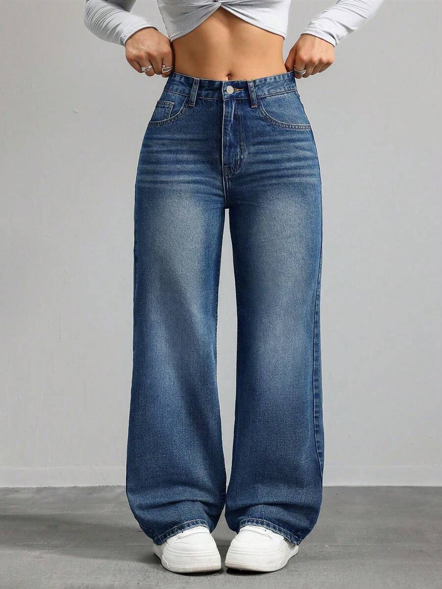 SHEIN CURVE+ Spring Plus Size Women Cowgirl Blue Non-Stretch Skinny Straight Leg Jeans, Spring - Medium Wash - View 1