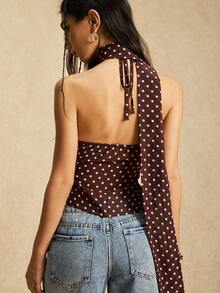 Easelle Áo hở lưng chấm bi màu cà phê cho nữ - màu nâu - Xem 2