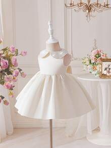 Elegant & Cute Satin Apricot Mesh Collar Dress For Baby Girl