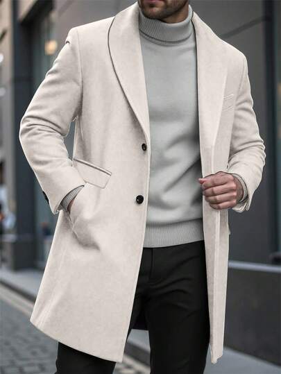 Manfinity Homme 男士纯色口袋纽扣长袖大衣，秋季长款米色外套，冬季