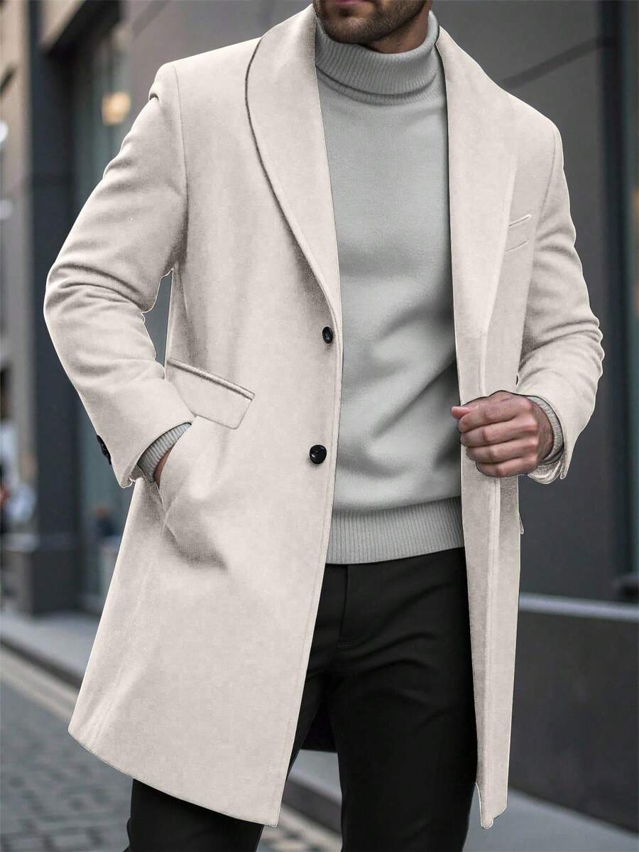 Manfinity Homme 男士纯色口袋纽扣长袖大衣,秋季长款米色外套,冬季 - 杏色 - 查看 1