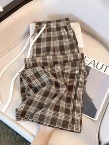 Franclia 女式休闲格子宽松裤，秋冬 - 棕色 - 查看 5