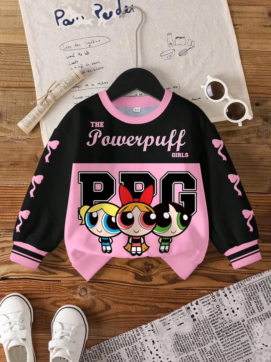 THE POWERPUFF GIRLS X SHEIN 年轻女孩休闲拼色字母与花朵、泡泡、毛茛图案圆领运动衫，秋季 - 白色 - 查看 1