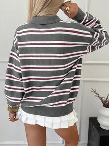 Livesso 女式秋季复古条纹高领毛衣 - 深灰色 - 查看 2