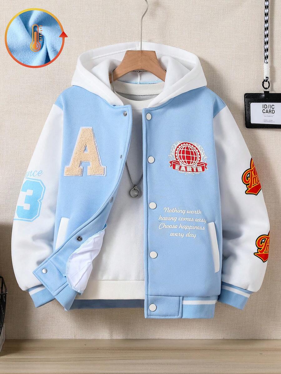 SHEIN Explorewe Fleece Fabric Hooded Jacket With Letter Print, Autumn/Winter - Baby Blue - View 1