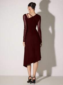 Poshira Women's Asymmetric Cold-Shoulder Elegant Formal Dress, Slim Fit Cocktail Party Black Gown - Burgundy - View 3