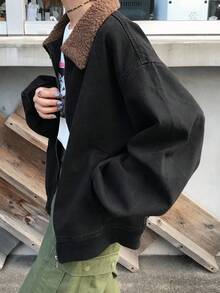 FRIFUL 女士休闲蓬松牛仔翻领夹克 - 藍色 - 查看 4