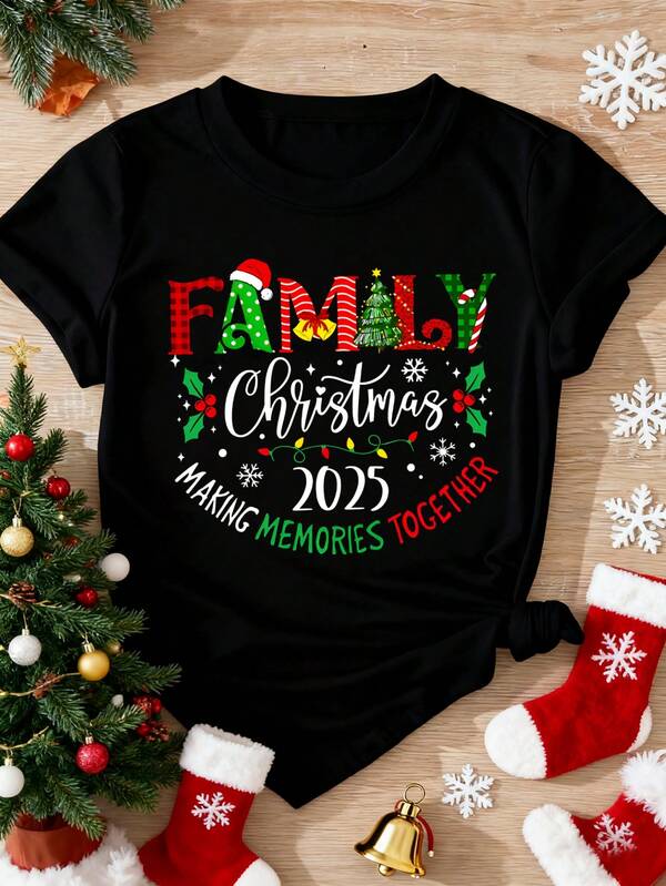 EMERY ROSE Family Christmas 2025 Festive Graphic Plus-Size T-Shirt - Casual Crew Neck Plus-Size T-Shirt, Polyester Knit Fabric Plus-Size T-Shirt, Regular Fit, All Season Wear,Christmas 2025 Family Plus-Size T-Shirt, Matching Memories Design