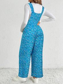 SHEIN Fall Clothes,Autumn Clothes,Materity Autumn Clothes Maternity Maternity Casual Vacation Style Ditsy Floral Slant Pocket Lightweight Bib Overall Pants - Blue - View 2