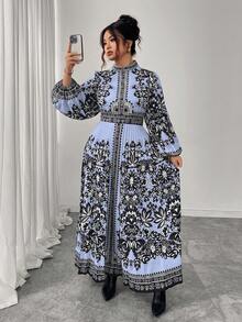 Elenzga 大码女式长款褶皱喇叭裙，黑色和杏色，圆领，收腰，修身，长袖，优雅适合下午茶和外出，佩斯利印花长裙 - 淺藍色 - 查看 4