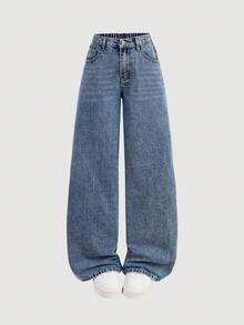 SHEIN 少女宽松蓝色牛仔裤 - 中等水洗藍 - 查看 5