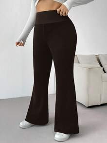 SHEIN EZwear Quần ống loe lót nhiệt màu sô cô la cỡ lớn giữ ấm mùa đông - Màu nâu Sô-cô-la - Xem 3