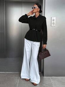 Siren Gaze Jaqueta feminina elegante e chique para o outono/inverno, com cinto incluso, estilo clássico, perfeita para sair, trabalhar ou fazer festas. Nova peça essencial da moda outono/inverno 2025, ideal para o Halloween, Natal e Dia Nacional da Arábia Saudita. Blusa preta discreta para o trabalho, blusa preta casual. - Preto - Ver 6