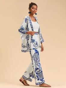 Travachic 女款印花宽松长袖衬衫和高腰宽松阔腿裤两件套 - 藍白色 - 查看 5