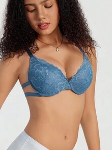 SHEIN Women's Comfortable Lace Underwire Bra, Blue - Blue - View 6