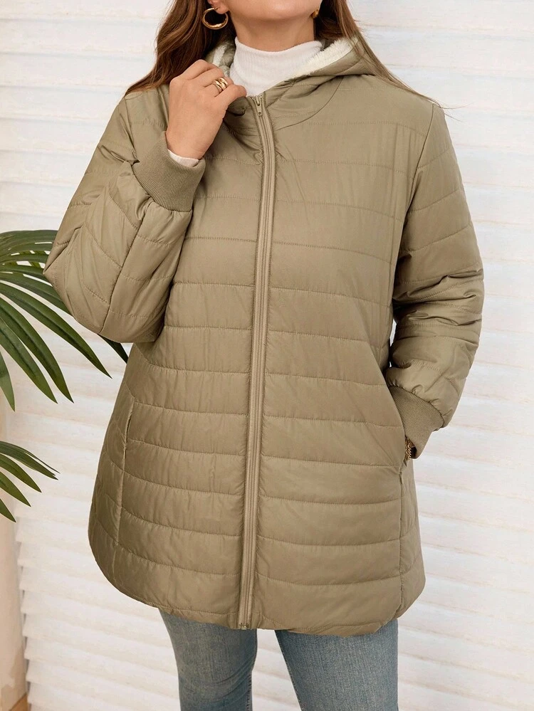 Plus Size Women's Winter Casual Solid Color Zip-Up Waterproof Fuzzy Inside Warm  Solid Color Hooded  Padded Coat, Winter,Going Out Outfits, New Clothes,Simple And Fashionable For Everyday Wear, Outerwear Women, Women Coats, Quilted Jacket,