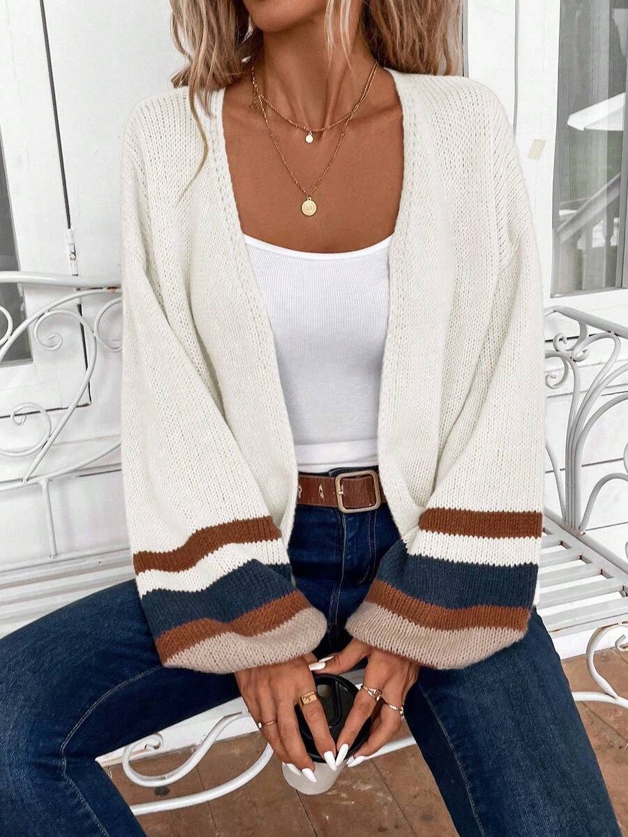 EMERY ROSE 秋季大码女式休闲落肩撞色条纹开衫 - 杏色 - 查看 1