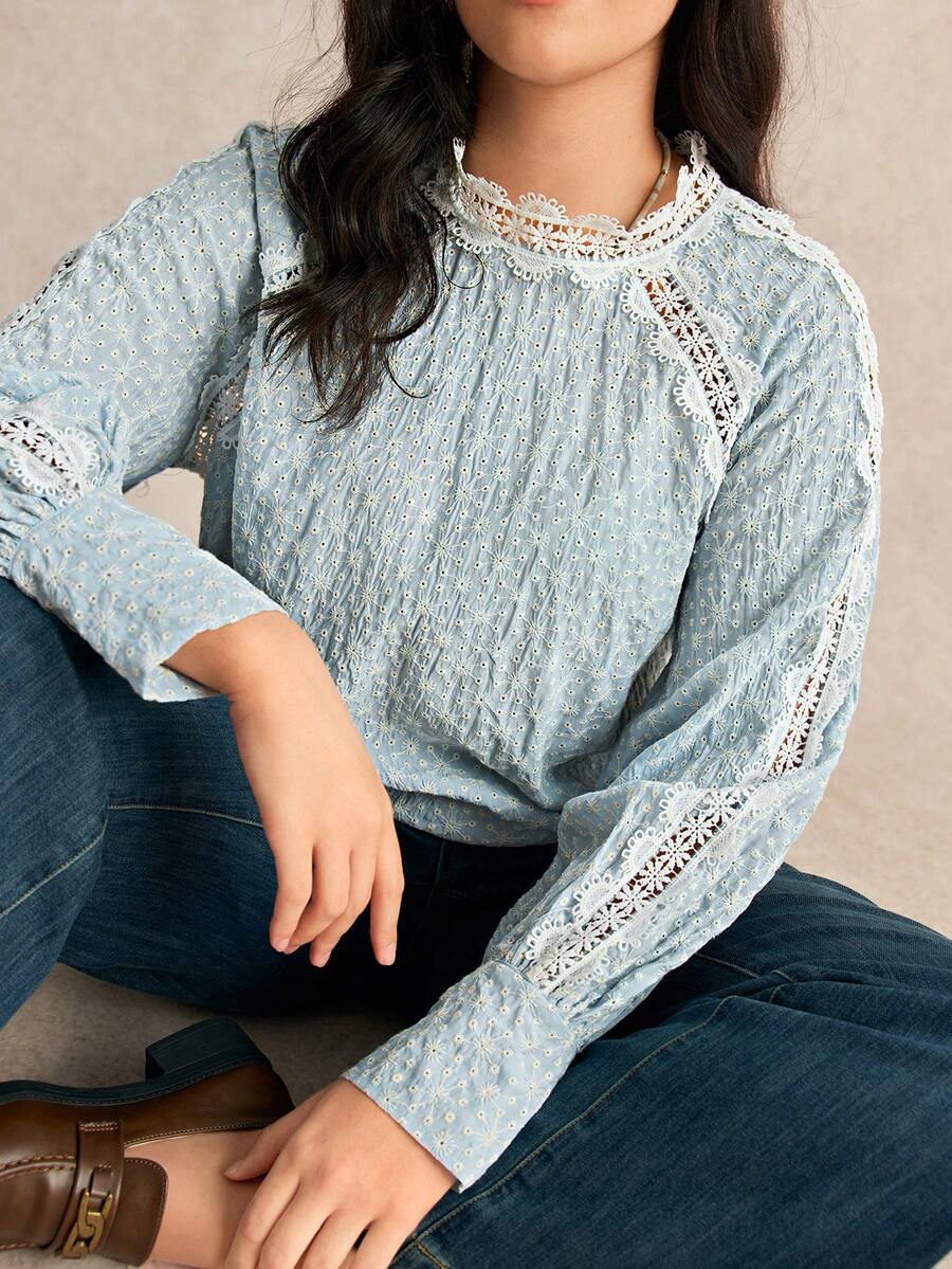 EMERY ROSE Blusa de manga larga con cuello alto, textura, bordado, parches y encaje para mujer de talla grande, elegante y casual para uso diario, primavera/otoño