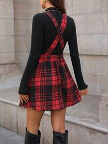 EMERY ROSE Women's Black & Red Plaid Sleeveless Criss-Cross Back A-Line Hem Dress, Suitable For Independence Day, Cyber Monday, Halloween, Singles' Day, Back To School Party, Singles' Party, Holidays, Christmas Eve, Christmas, Halloween Eve, Thanksgiving, Christmas Carnival, Diwali, Autumn - Red - View 2