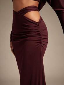 Hauture Falda larga de sirena marrón ciruela con corte lateral y fruncido para salir