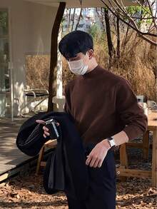 Claim Dot Men's Solid Color Minimalist Everyday Wear Half-Turtleneck Long Sleeve Knit Sweater Earthy Clothes Men Brown Sweater - Coffee Brown - View 5